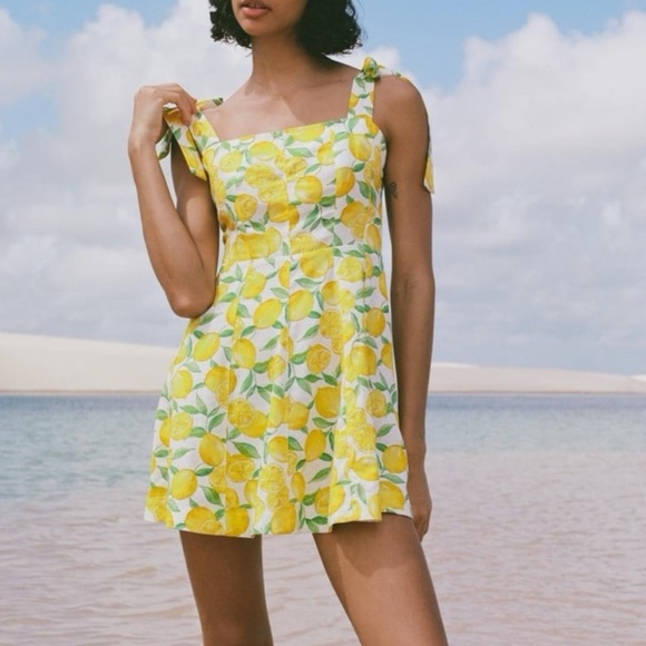 Zara Yellow Lemon Print Linen Blend Mini Dress w Tie Straps Size Small - Picture 7 of 7